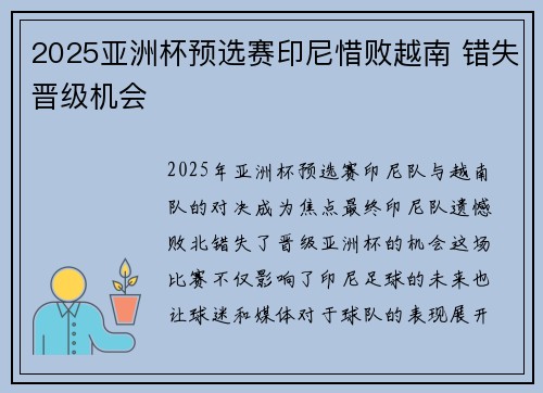 2025亚洲杯预选赛印尼惜败越南 错失晋级机会